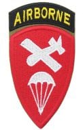 Shield shaped embroidered red patch with white plan and parachute silhouette in the middle, with a black embroidered arch attached to the top with AIRBORNE in yellow