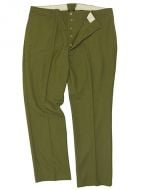 Front view of green American M37 Wool Trousers with 5 brass coloured button fly