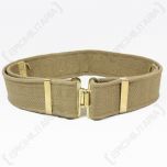 Khaki WW2 British Army 37 Pattern Belt with gold coloured clasp buckle on white background