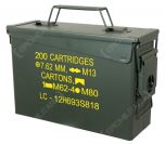 Dark green US rectangular M19A1 .30 Cal Ammo Can with handle and yellow text on the side