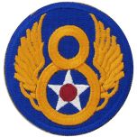 Blue circular embroidered insignia with golden yellow 8 with wings in the middle - US 8th Airforce Badge/Patch