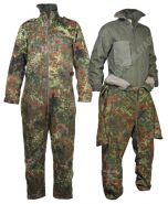 front view of flecktarn tanker overalls, one showing the liner underneath