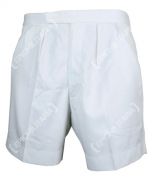 Front view of a pair of original British white PTI tri-service shorts