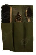 Three wooden brushes with black bristles in green bag