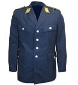 Front view of dark blue Luftwaffe Officer 4 Pocket Tunic with gold-coloured rectangular collar tabs, gold-coloured piping on the collar, and four silver-coloured buttons on the front. The tunic is on a white background.