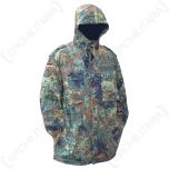 Front view of German army Flecktarn camo parka with hood up, showing two chest pockets. The coat is turned lightly to the left, the top of the right arm showing a German flag insignia patch. The arms are in the side pockets. On a white background.