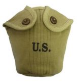 Green canvas American Army Water Bottle Cover with US stamped on the front in black