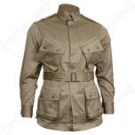 Front view of khaki WW2 US Airborne M1942 Jacket with four popper-shut pockets and a waist belt