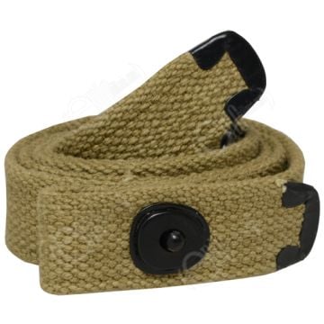Front view of rolled up khaki canvas M1 Carbine Webbing Sling with black metal ends
