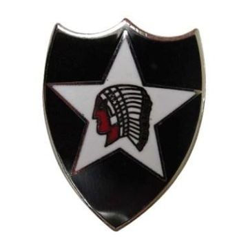 Front view of shield shaped enamel 2nd Infantry Pin Badge with black background, a white star, and a red Indian head with feather headdress in the middle of the white star