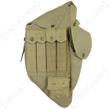 Front view of khaki canvas Thompson M1928A1 SMG Carry Case, showing 4 vertical pouches with brass popper-style buttons, a side pouch, top pout, and bottom pouch, all with the same brass popper-style buttons