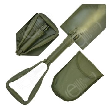 NAto style folding shovel shown as fully open, fully folded and shows the included carrying case