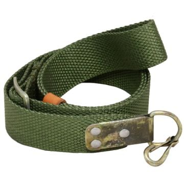 Front view of rolled up olive green canvs Green AK47 Webbing Sling witj ,eta; D ring and hook on the end
