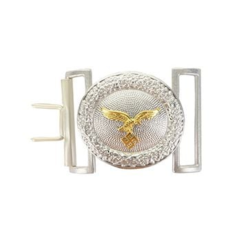 Front view of oval shaped silver belt buckle with golden eagle in the middle