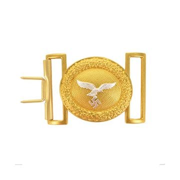 Front view of oval-shaped gold belt buckle with silver eagle in the middle