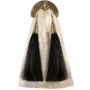 Front view of an Original Royal Scottish Sporran without Strap, showcasing all of the main features of the item - white horsehair body, black horsehair tassels and the Celtic design brass cantle.