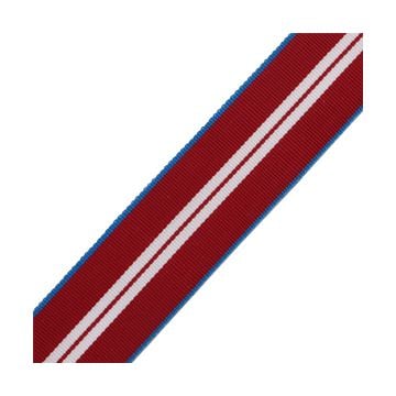 This view shows the medal ribbon close up, highlighting the striped design of blue, red and white. Thumbnail.