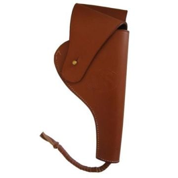 Front view of brown leather M1917 Colt Pistol Holster with brass popper-style closure