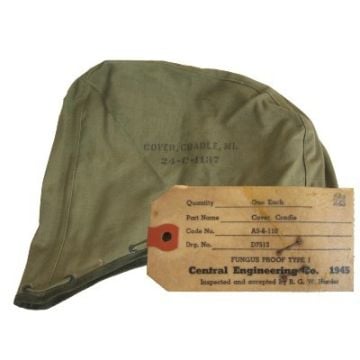 Side view of olive green Original US .30cal Machine Gun Cradle Cover with front view of brown label