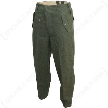 This view shows the front of the WW2 German Field Grey Jump Trousers Angled