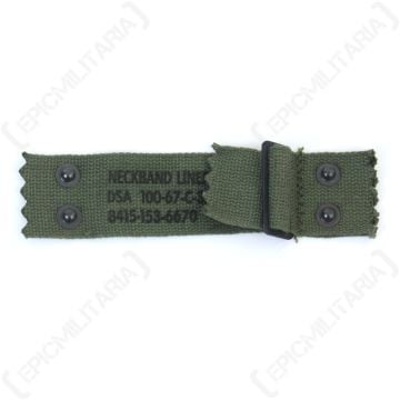 Dark green canvas M1 Helmet Liner Nape Strap with black rivets and black stamped text in the middle