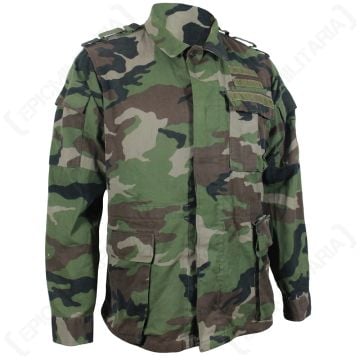 Front view of m97 Czech Camo Field Jacket, green with brown, grey, and black camouflage detail. There is a pocket on the left chest with 3 hook and loop lengths to attach patches. There are two other pockets, one on each hip