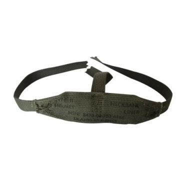 Dark green front view of canvas M1 Helmet Liner Neckband with black text stamped at the widest part