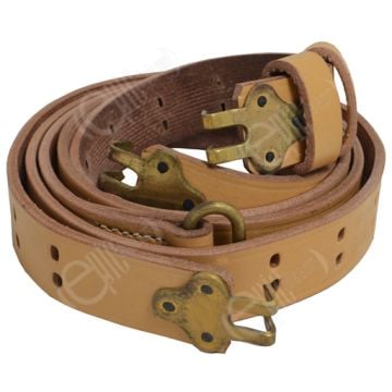 Rolled up light brown leather BAR sling with brass-coloured clips