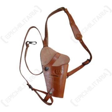 Front view of brown leather US M7 Shoulder Holster with strap