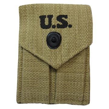 Front view of khaki M1923 Colt Ammo Pouch with black popper style button closure and U.S. stamped on the top in black