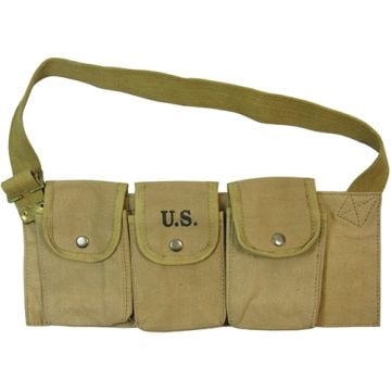 Front view of khaki canvas M1937 BAR Magazine Ammo Belt with 3 pouches each with popper style button closures