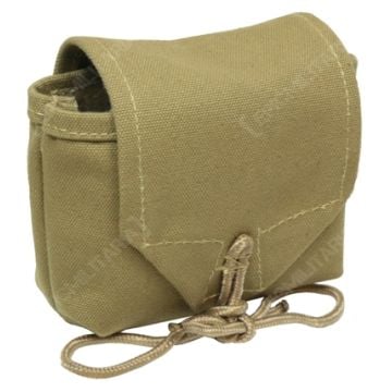 Side view of a khaki canvas US Airborne rigger pouch with a khaki rope tie closure