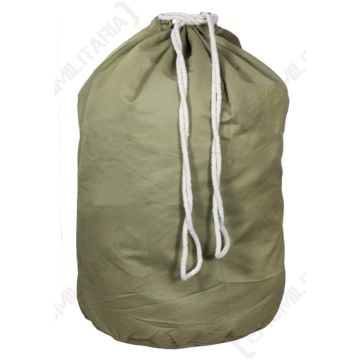 Olive green upright US Army Barrack Bag with white drawstring closure