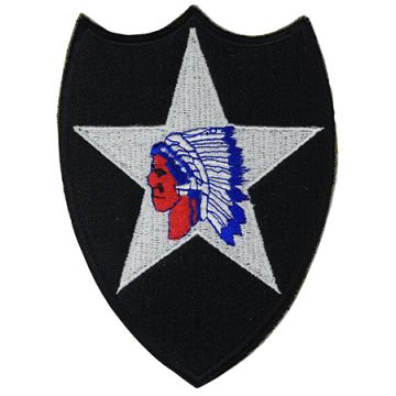 Black shield shaped insignia with white star and Indian head in the middle - 2nd Infantry Division