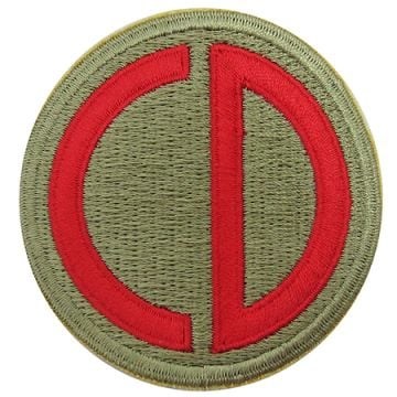 Circular embroidered khaki green insignia with red C and D in the middle - 85th Infantry Division