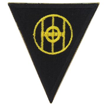 Upside down black triangular embroidered insignia with yellow detail in the middle - US 83rd Infantry Division Patch