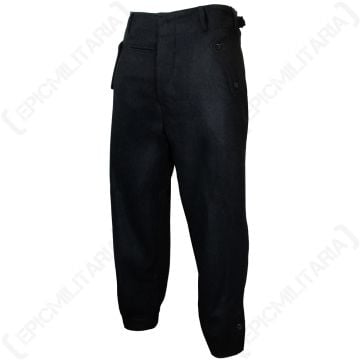 This view shows the front of the WW2 German SS Black Panzer Trousers.