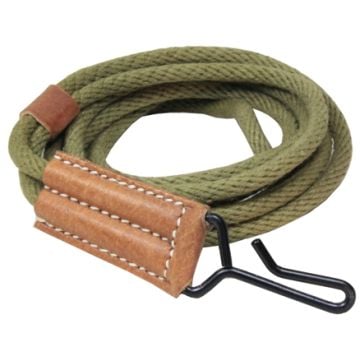 Rolled up olive green US Colt .45 Pistol Lanyard with light brown leather end