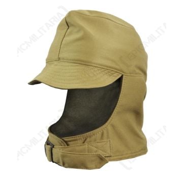 Side view of khaki WW2 US GI Winter Cap with peak and neck covering with buckle