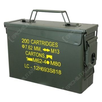 Dark green US rectangular M19A1 .30 Cal Ammo Can with handle and yellow text on the side
