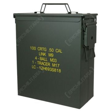 Side view of dark green, rectangular US M9 Large .50 Cal Ammo Can with yellow text on the side