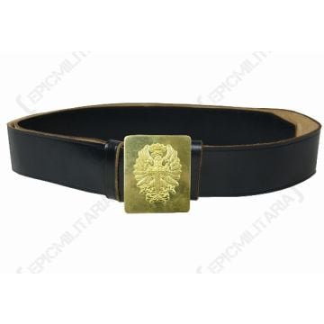 Front of dark brown leather belt with gold belt buckle