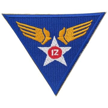 Upside down blue embroidered insignia with white star and gold wings, with red star and white number 12 in the middle of the white star - US 12th Airforce Badge/Patch