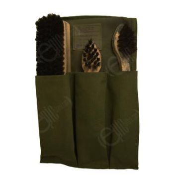 Three wooden brushes with black bristles in green bag