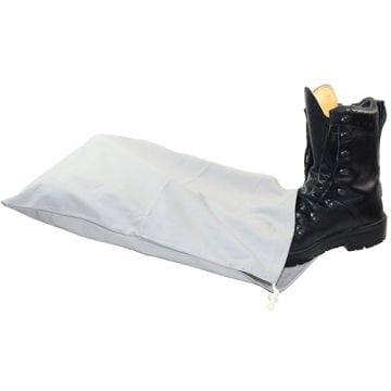 Black leather boot half inside a white cotton sack with white drawstring