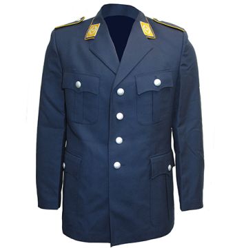 Front view of dark blue Luftwaffe Officer 4 Pocket Tunic with gold-coloured rectangular collar tabs, gold-coloured piping on the collar, and four silver-coloured buttons on the front. The tunic is on a white background.