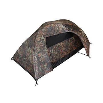 This view shows the Mil-Tec Two-Person Recon Tent in Flecktarn camo from the front-left. -TN