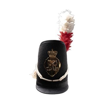 This image shows the front view of the British 1812 Belgic Waterloo Shako Helmet without the feather plume. - Thumbnail