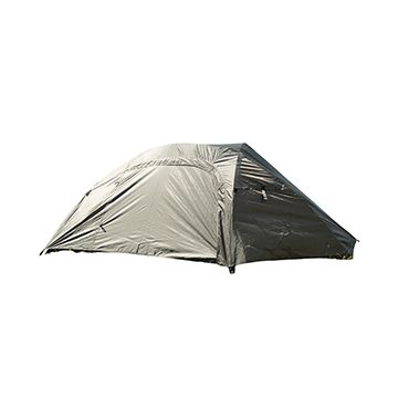 This view shows the Mil-Tec Two-Person Recon Tent in Olive from the front. -TN
