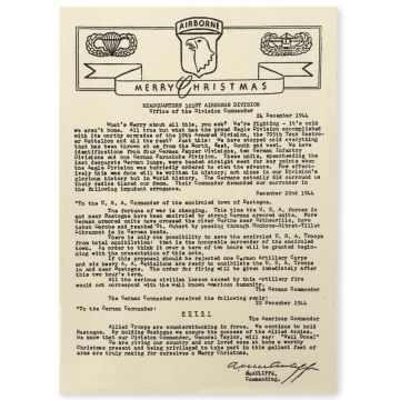 This view shows the front of the 101st Airborne Christmas letter from Gen. McAuliffe. Thumbnail.